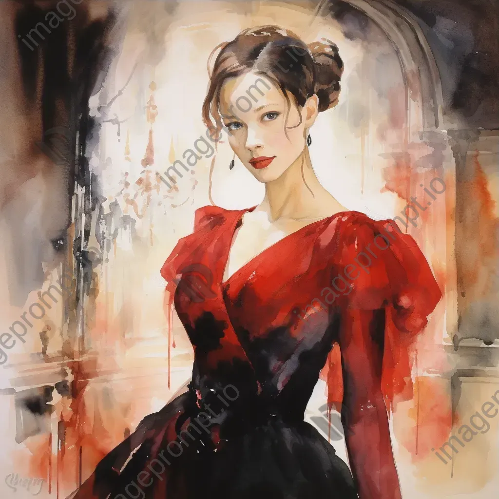 Watercolor of an enigmatic lady in red in a shadowy ballroom - Image 3