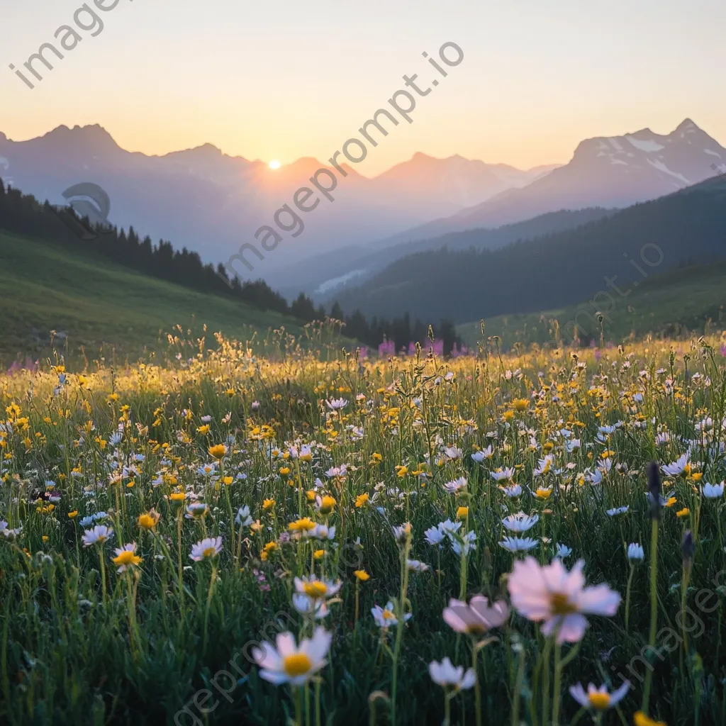 Dewy wildflowers in an alpine meadow at sunrise - Image 1