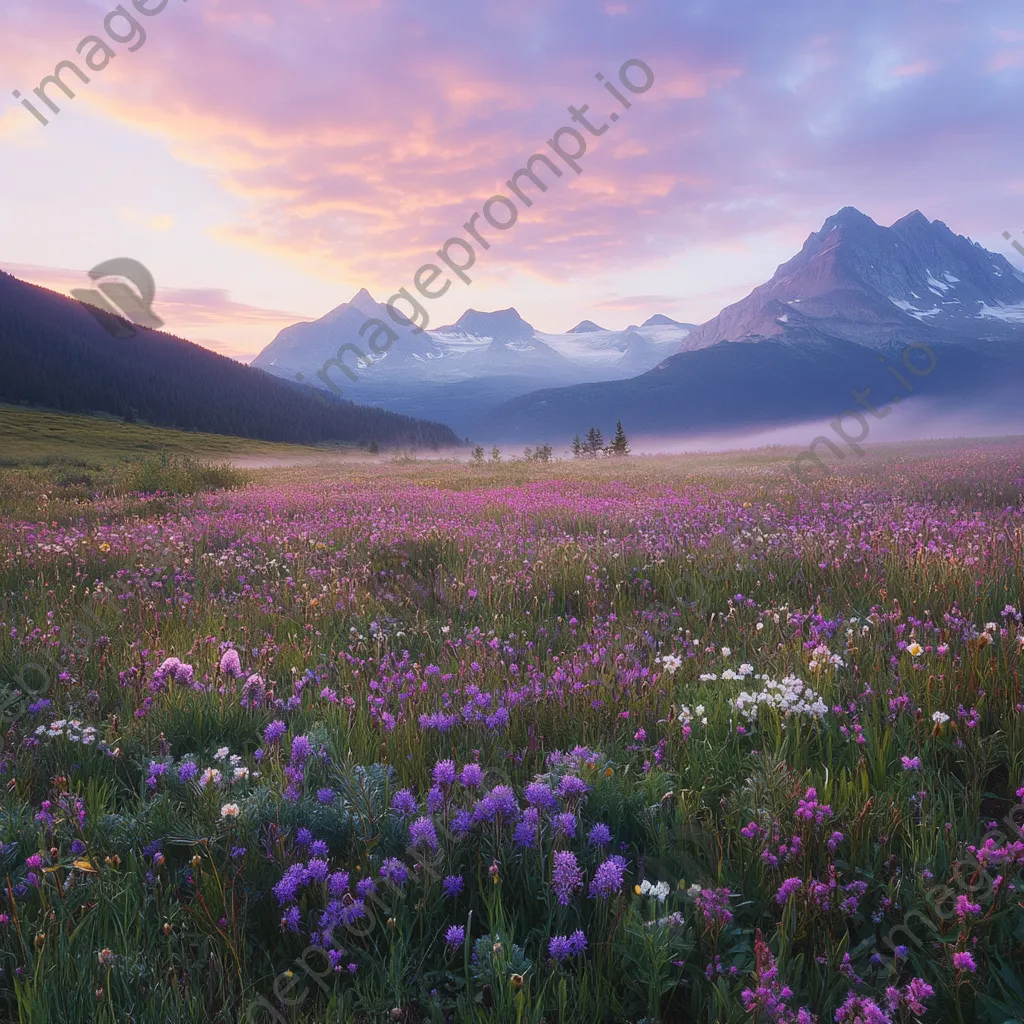 Dewy wildflowers in an alpine meadow at sunrise - Image 2