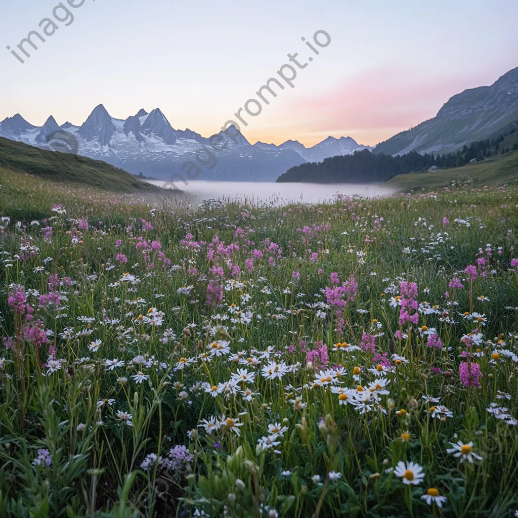 Dewy wildflowers in an alpine meadow at sunrise - Image 3