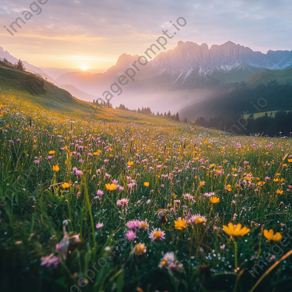 Dewy wildflowers in an alpine meadow at sunrise - Image 4