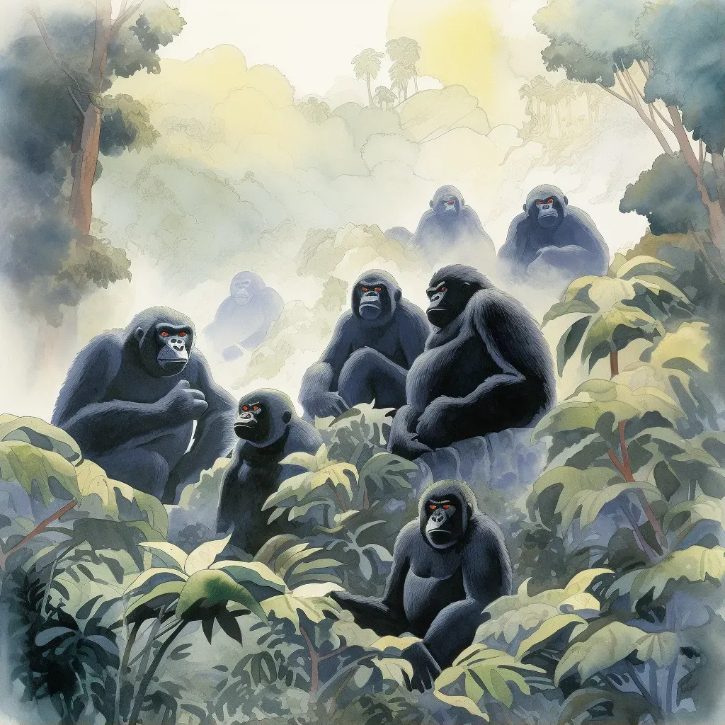 Image of mountain gorillas in their misty mountainous habitat - Image 1