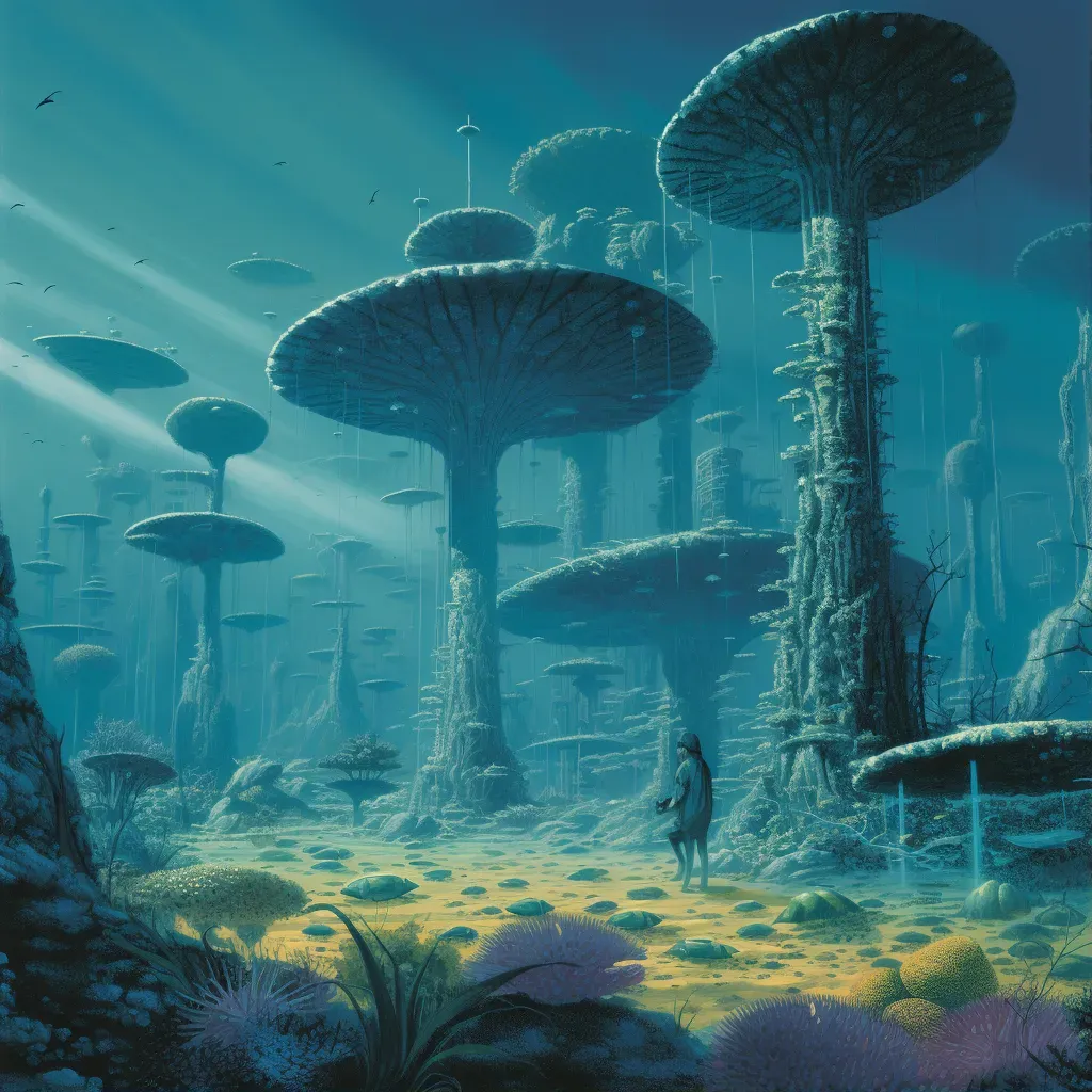 Digital drawing of an underwater city with organic coral structures - Image 1