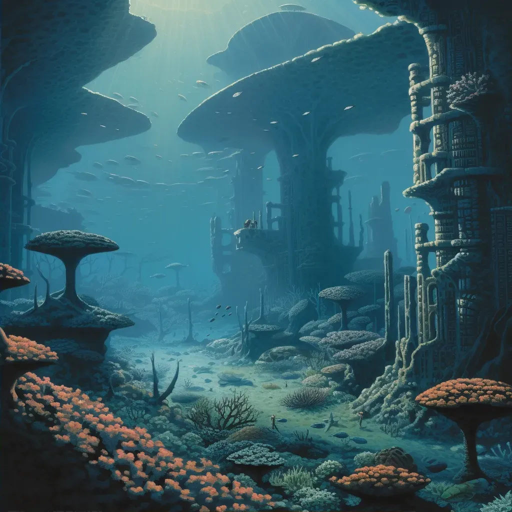 Digital drawing of an underwater city with organic coral structures - Image 2