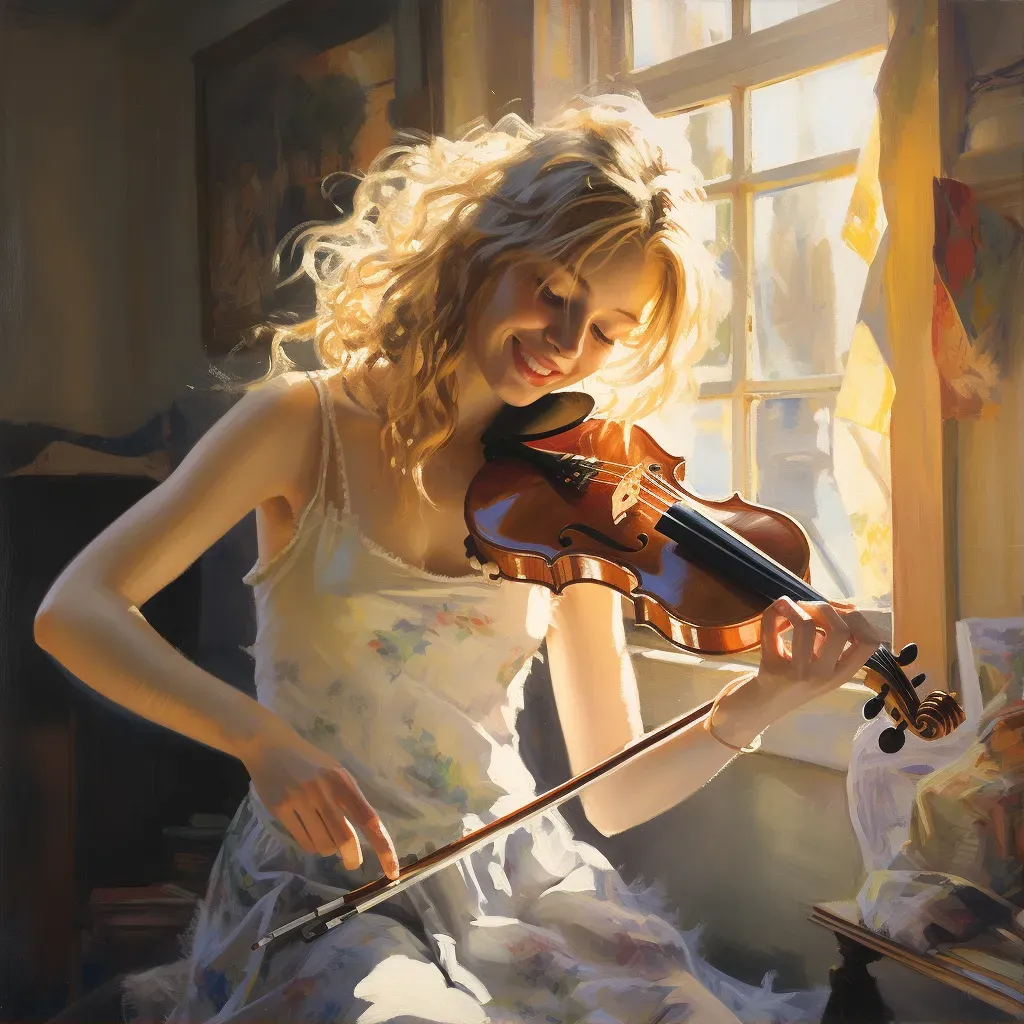 Teenage girl with braces playing the violin in a sunlit room - Image 1