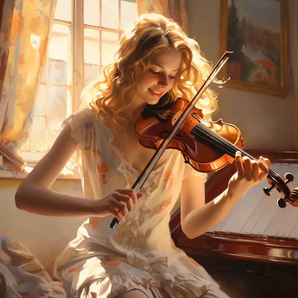 Teenage girl with braces playing the violin in a sunlit room - Image 3