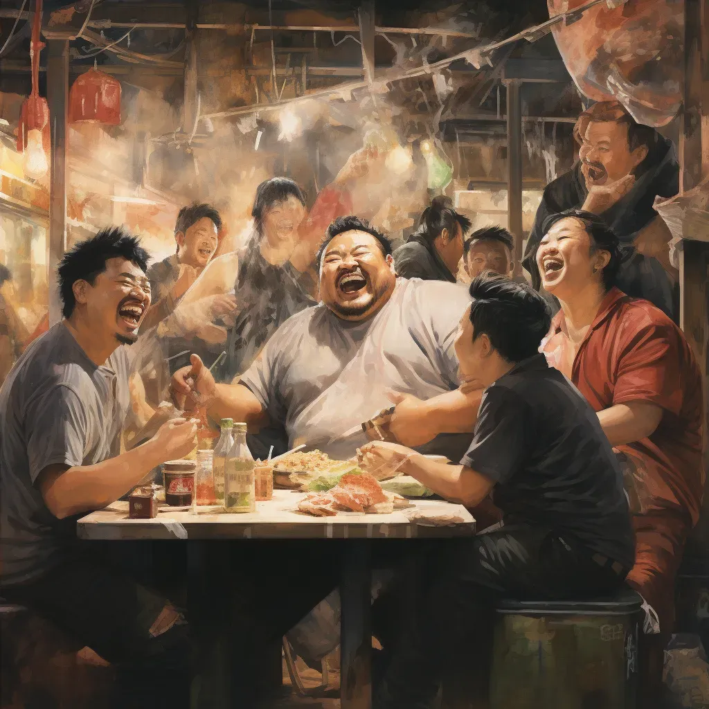 Tall heavyset man laughing with friends at a lively night market - Image 4