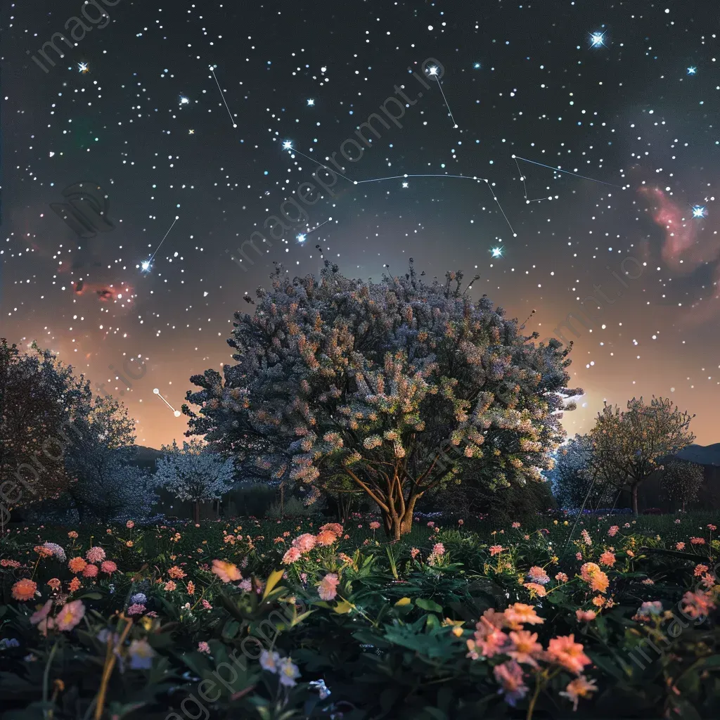 Virgo constellation in blooming garden at night - Image 2