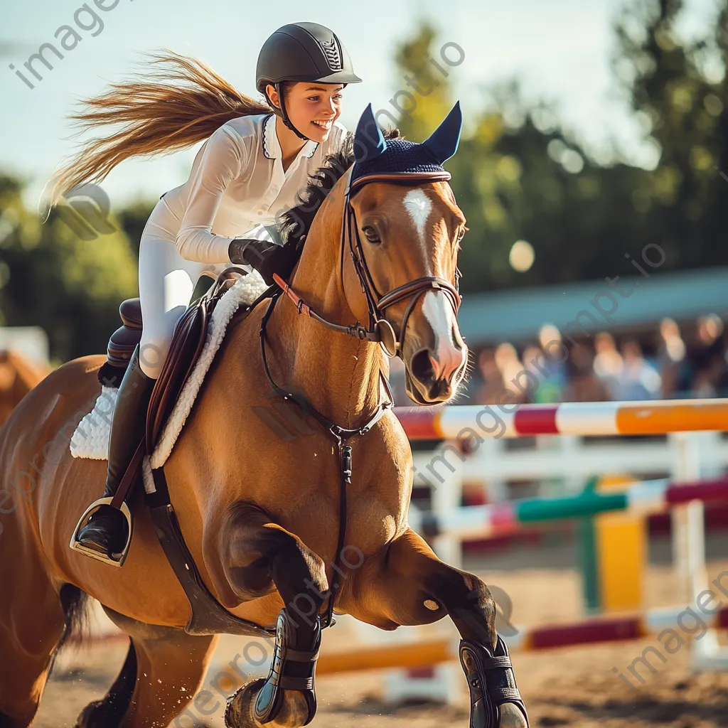 Young rider cantering gracefully in a riding arena. - Image 1