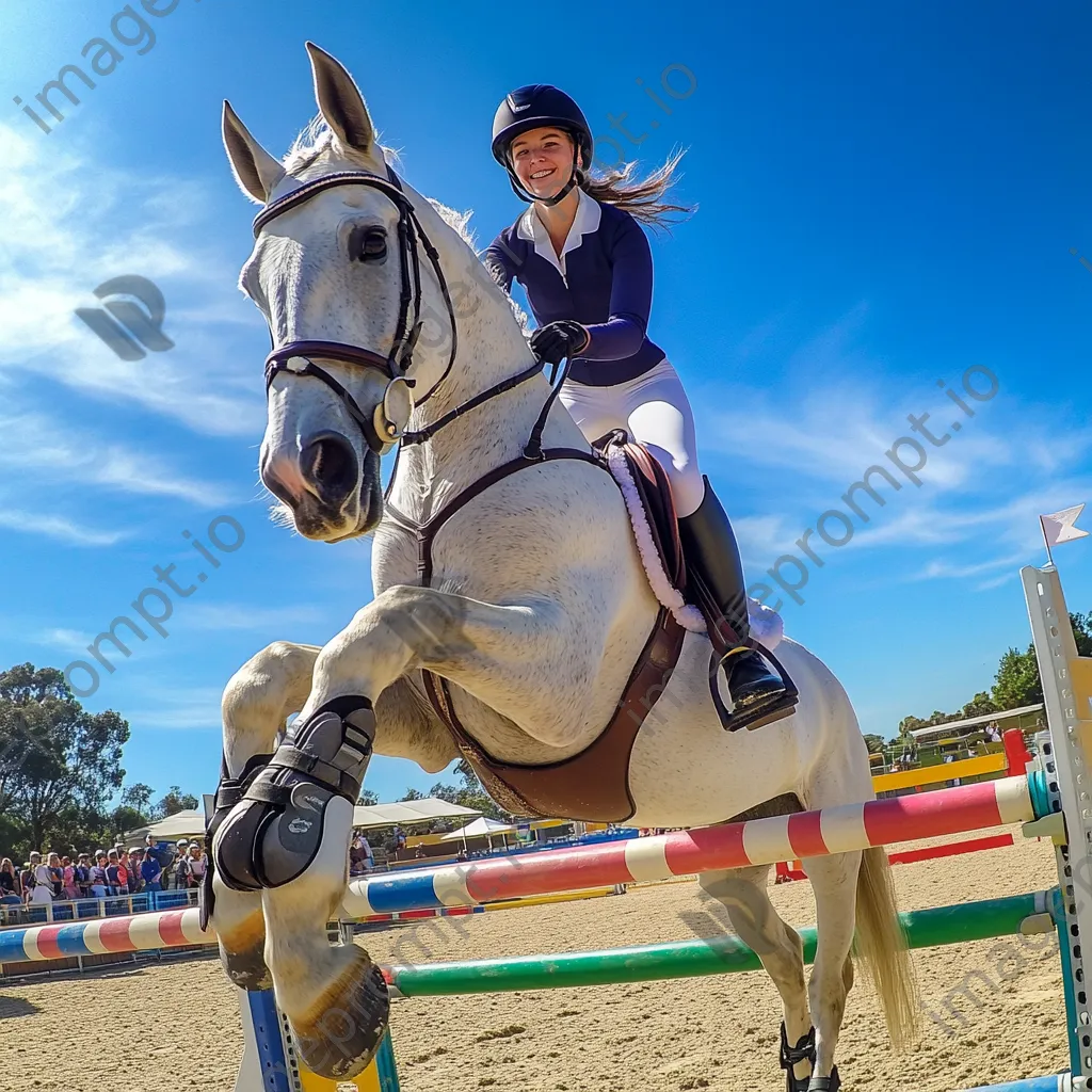 Young rider cantering gracefully in a riding arena. - Image 3