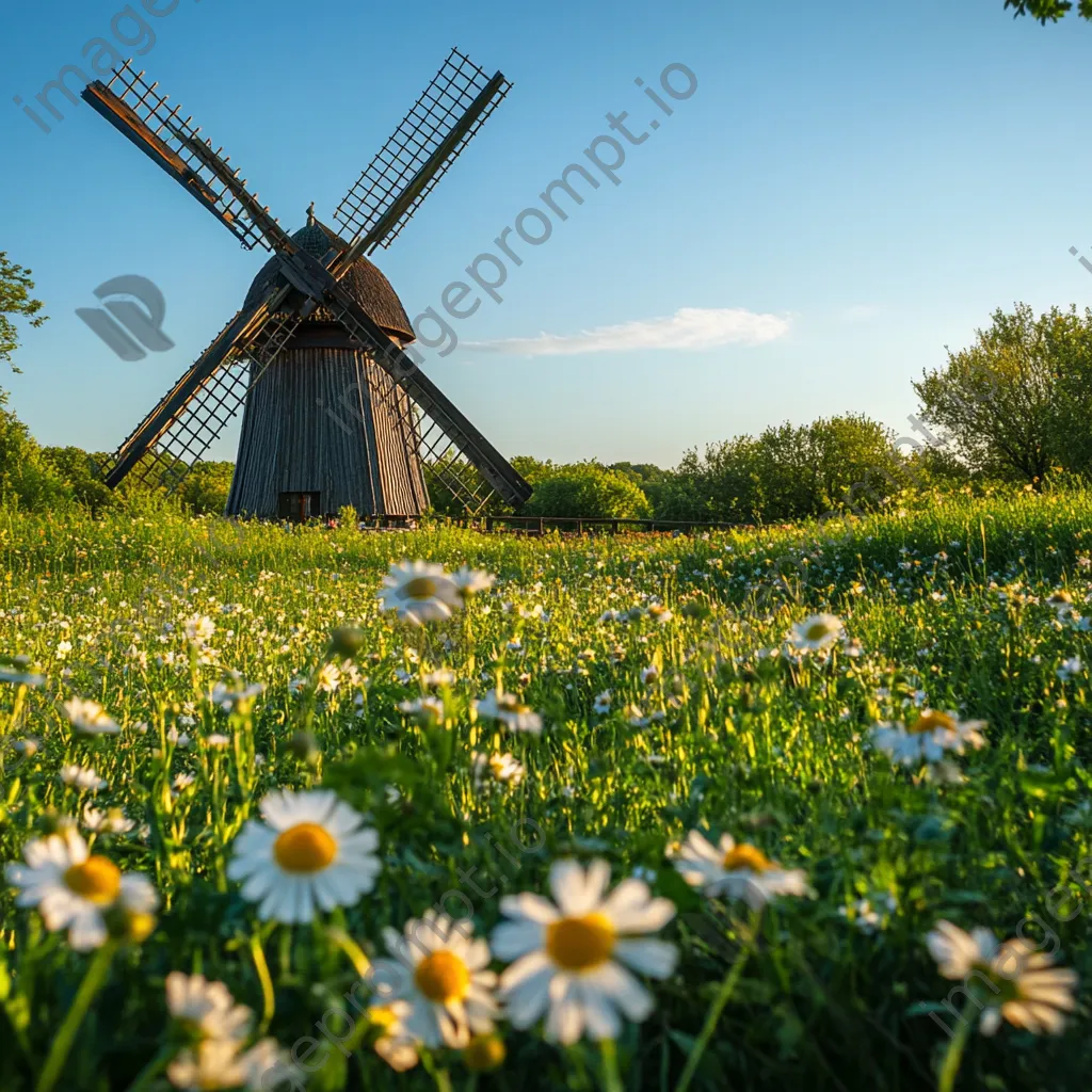 Traditional windmill in a meadow with wildflowers - Image 1