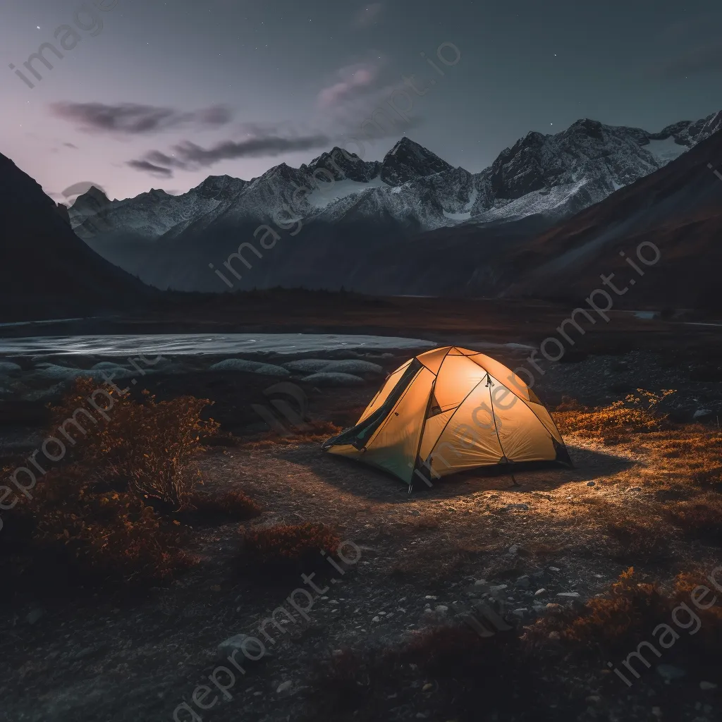 A tent illuminated at twilight in the mountains - Image 1