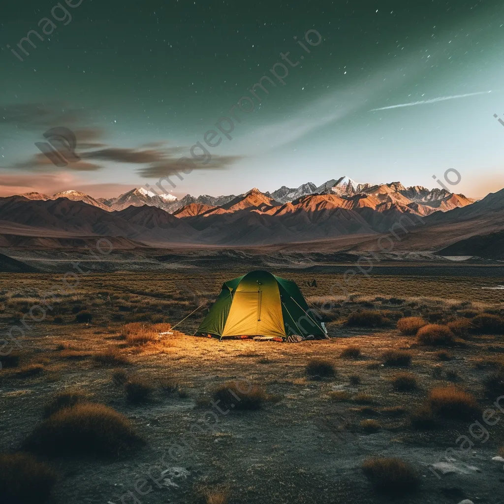 A tent illuminated at twilight in the mountains - Image 2