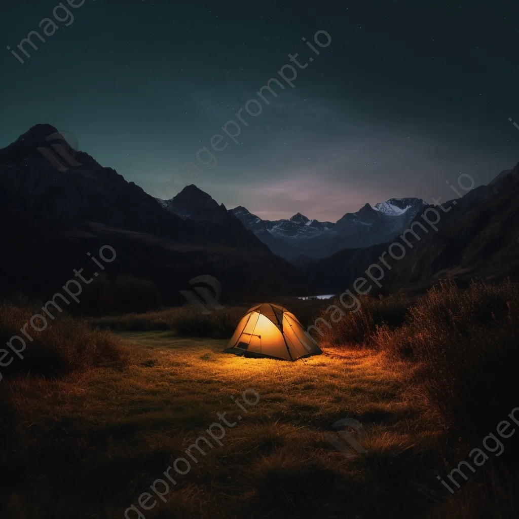 A tent illuminated at twilight in the mountains - Image 3