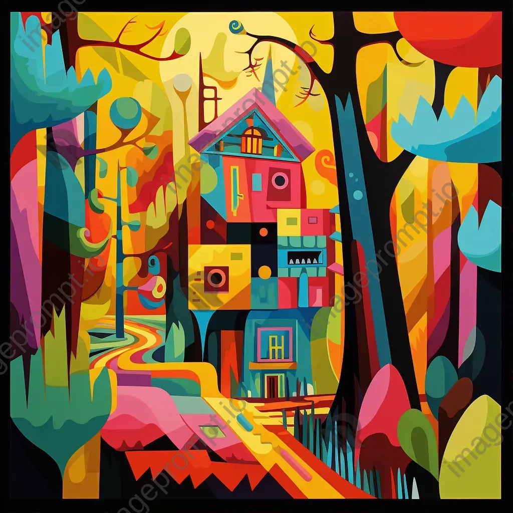 Cubist interpretation of Slavic witch Baba Yaga in vibrant forest - Image 1