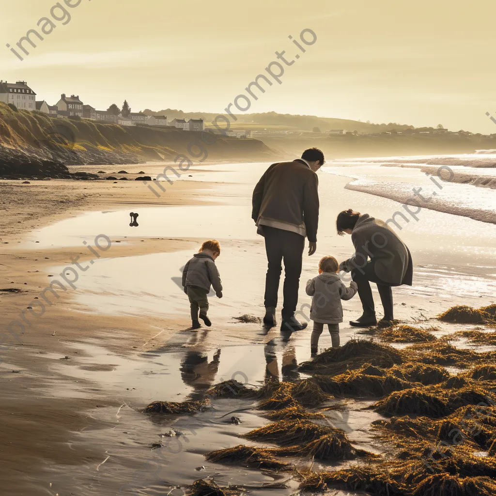 Family playing at beach by estuary - Image 1