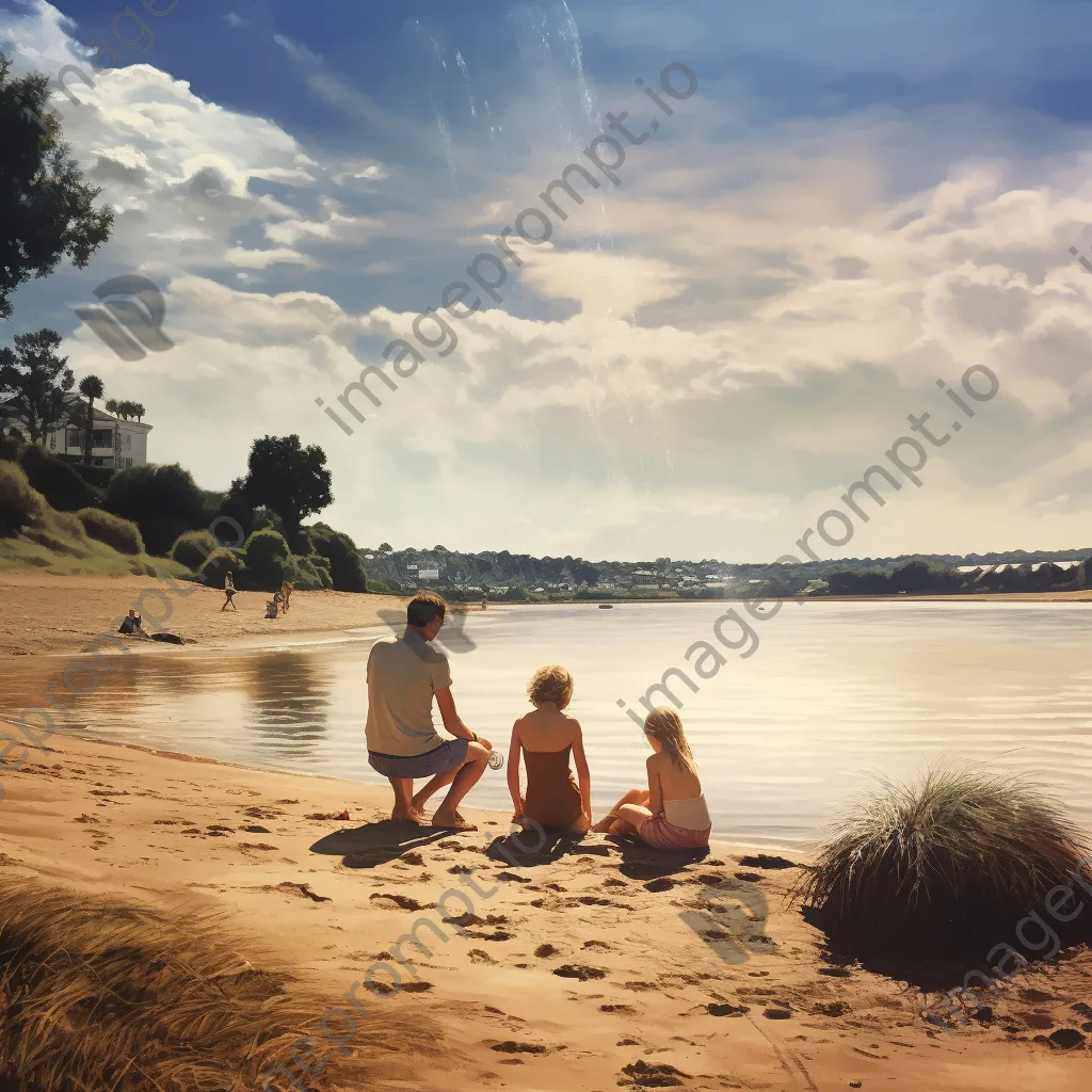 Family playing at beach by estuary - Image 2