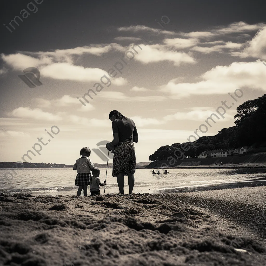 Family playing at beach by estuary - Image 3