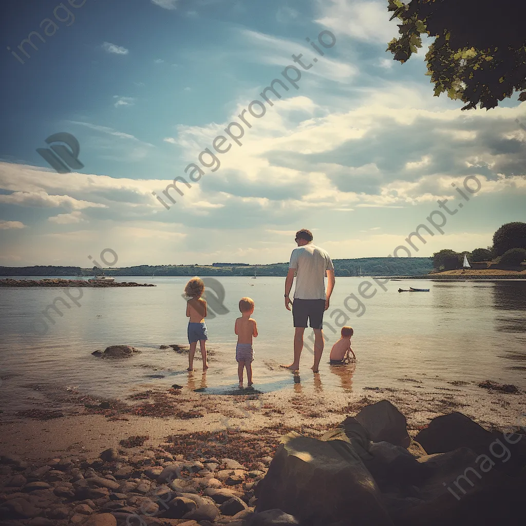 Family playing at beach by estuary - Image 4