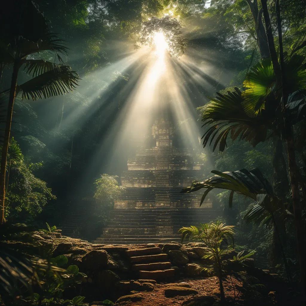 Mayan pyramid in jungle with sunlight rays - Image 1