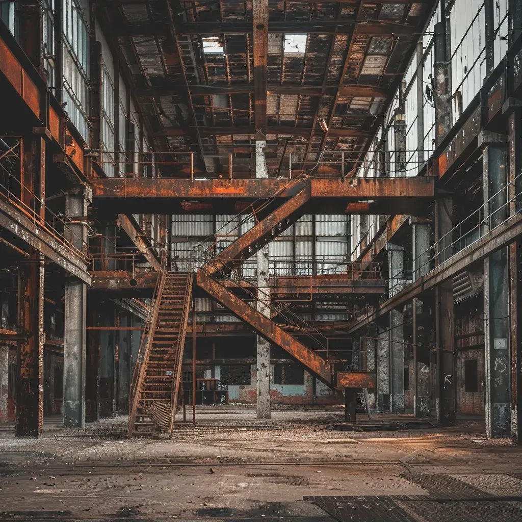 Abandoned industrial warehouse in black and white - Image 1