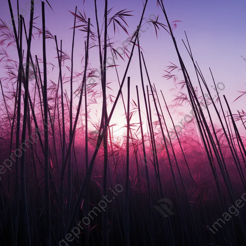 Tranquil bamboo grove at twilight with colorful sky - Image 1