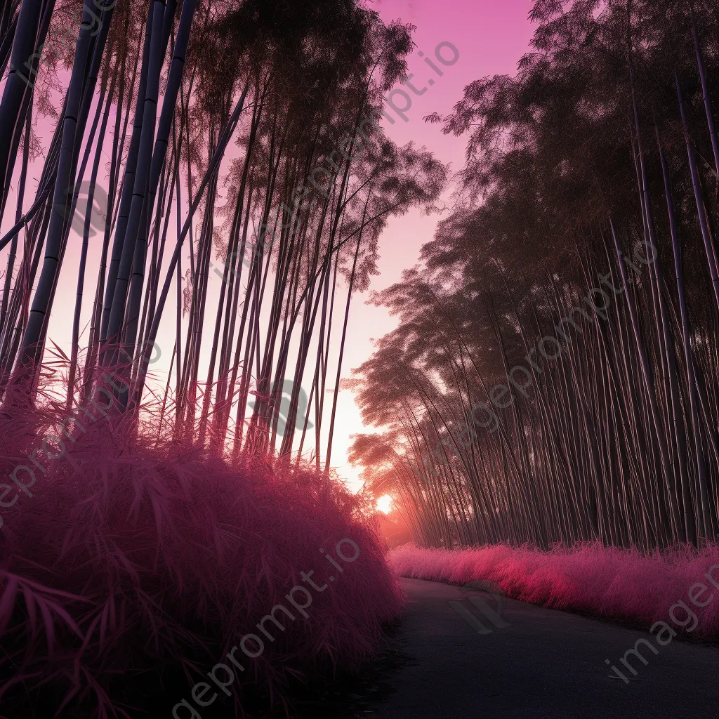 Tranquil bamboo grove at twilight with colorful sky - Image 3