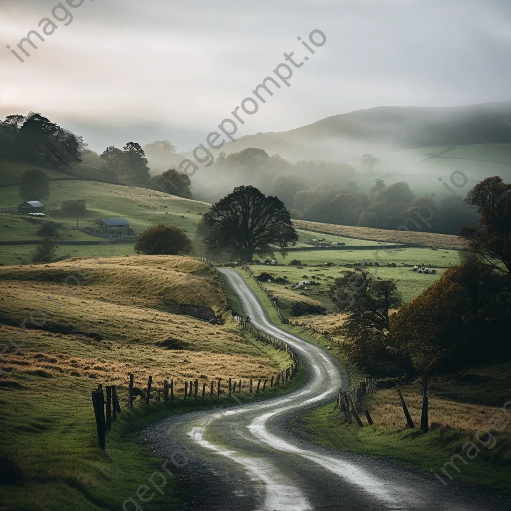 A winding road through misty countryside - Image 1