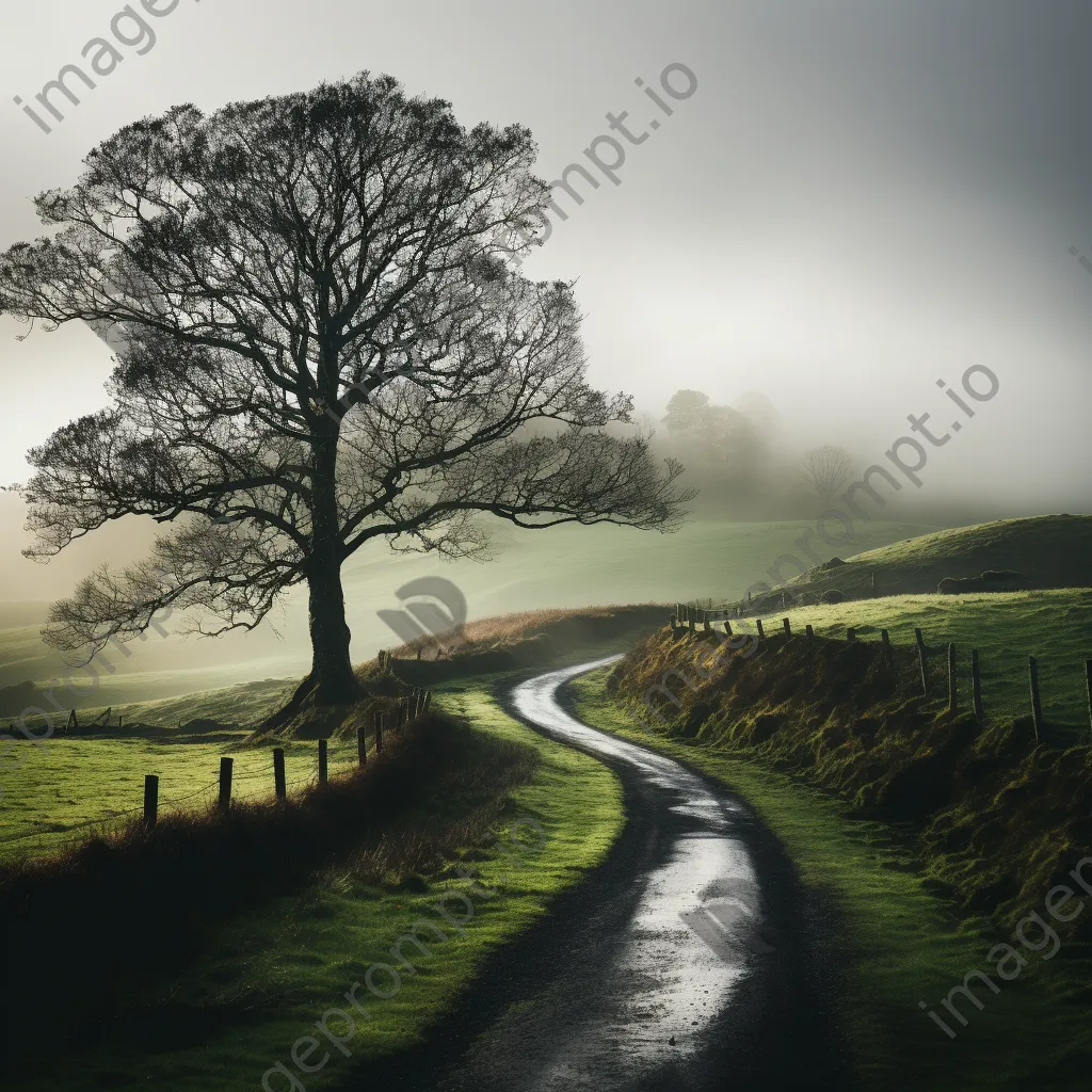 A winding road through misty countryside - Image 2