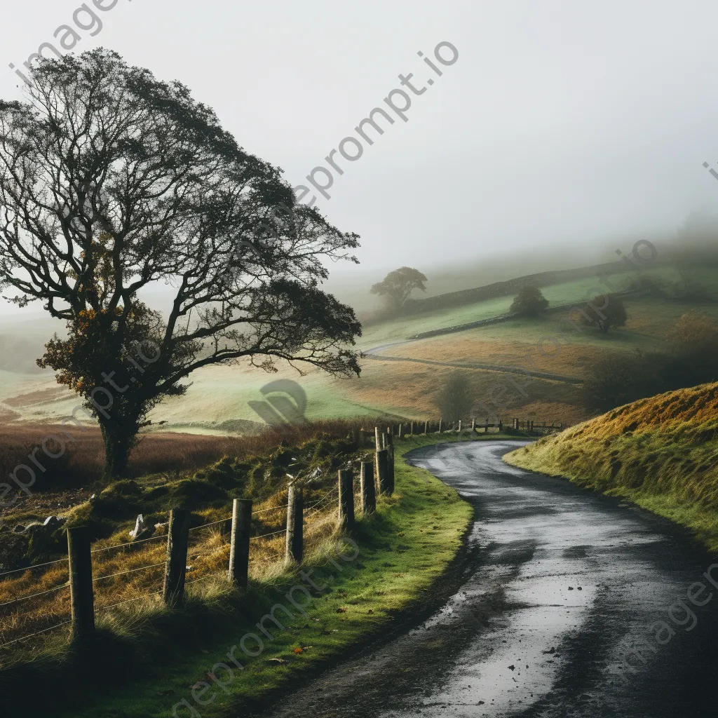 A winding road through misty countryside - Image 3