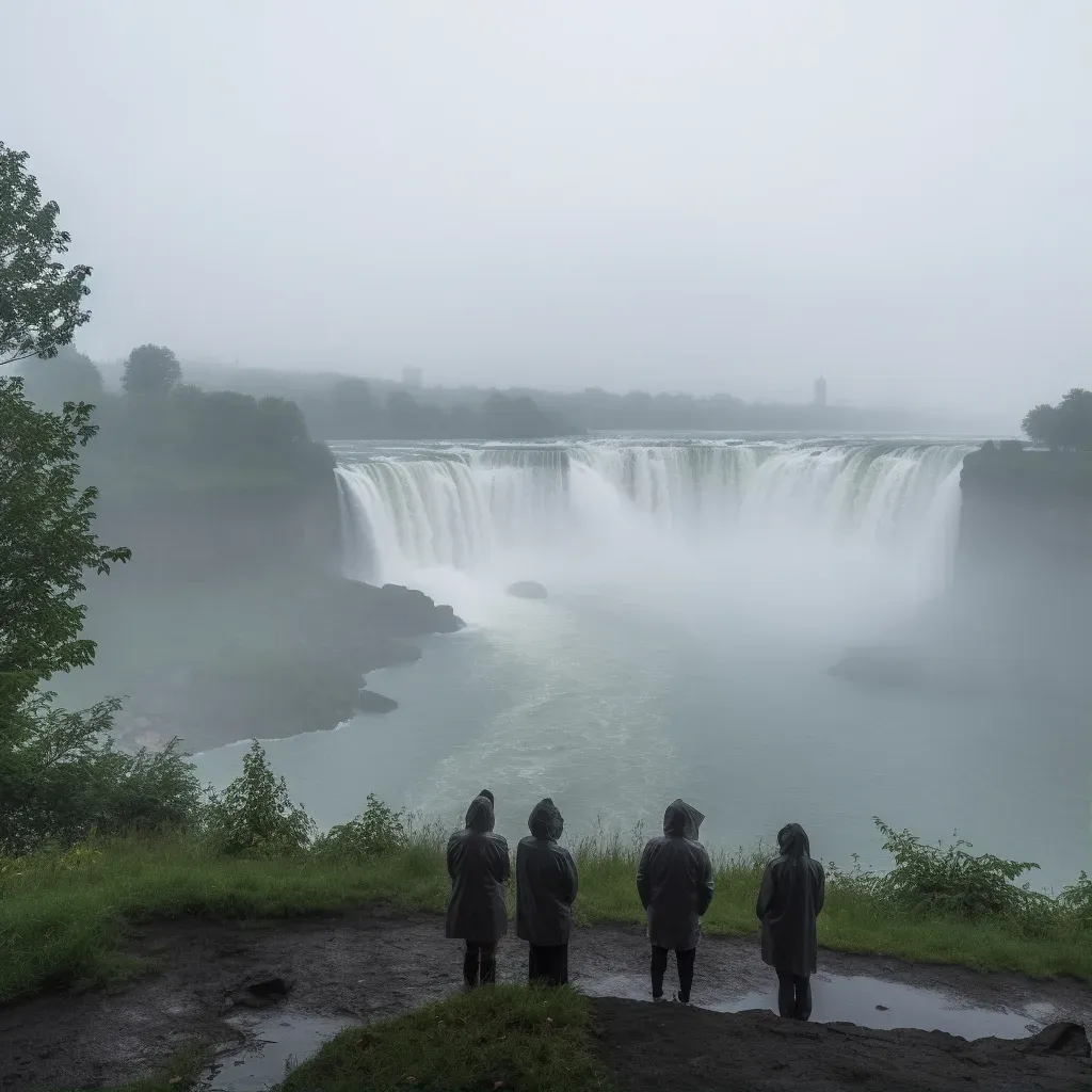 Niagara Falls waterfall with mist rising and tourists in ponchos - Image 1