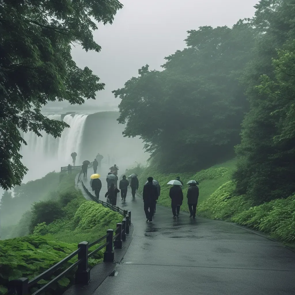 Niagara Falls waterfall with mist rising and tourists in ponchos - Image 2