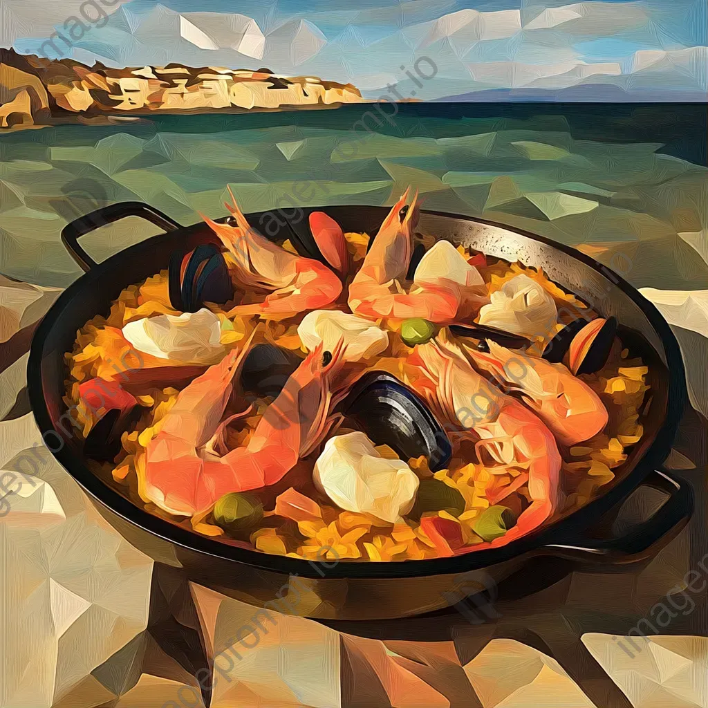 Seafood paella showcased in low poly, geometric art style in a mix of warm hues - Image 1