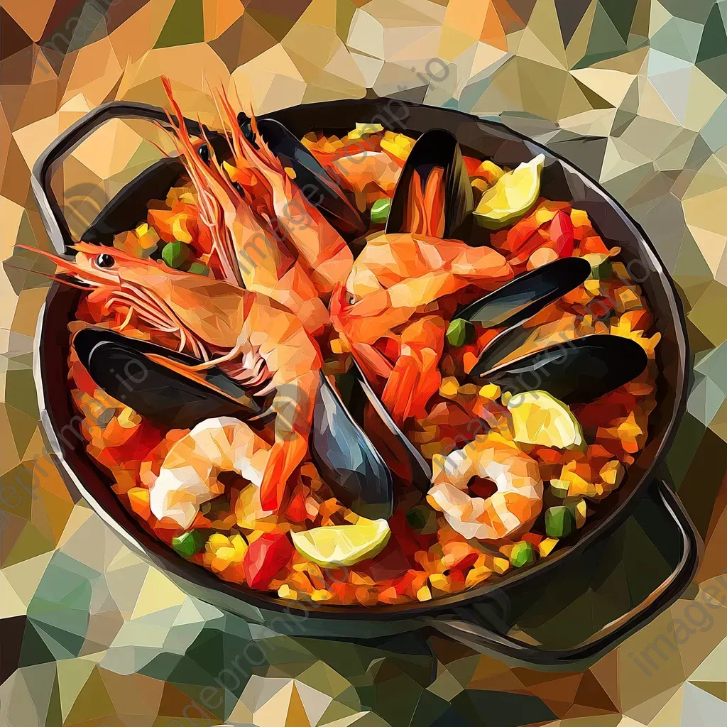 Seafood paella showcased in low poly, geometric art style in a mix of warm hues - Image 2