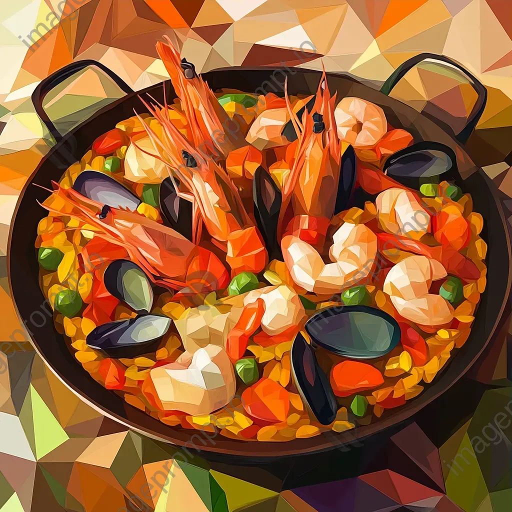 Seafood paella showcased in low poly, geometric art style in a mix of warm hues - Image 3