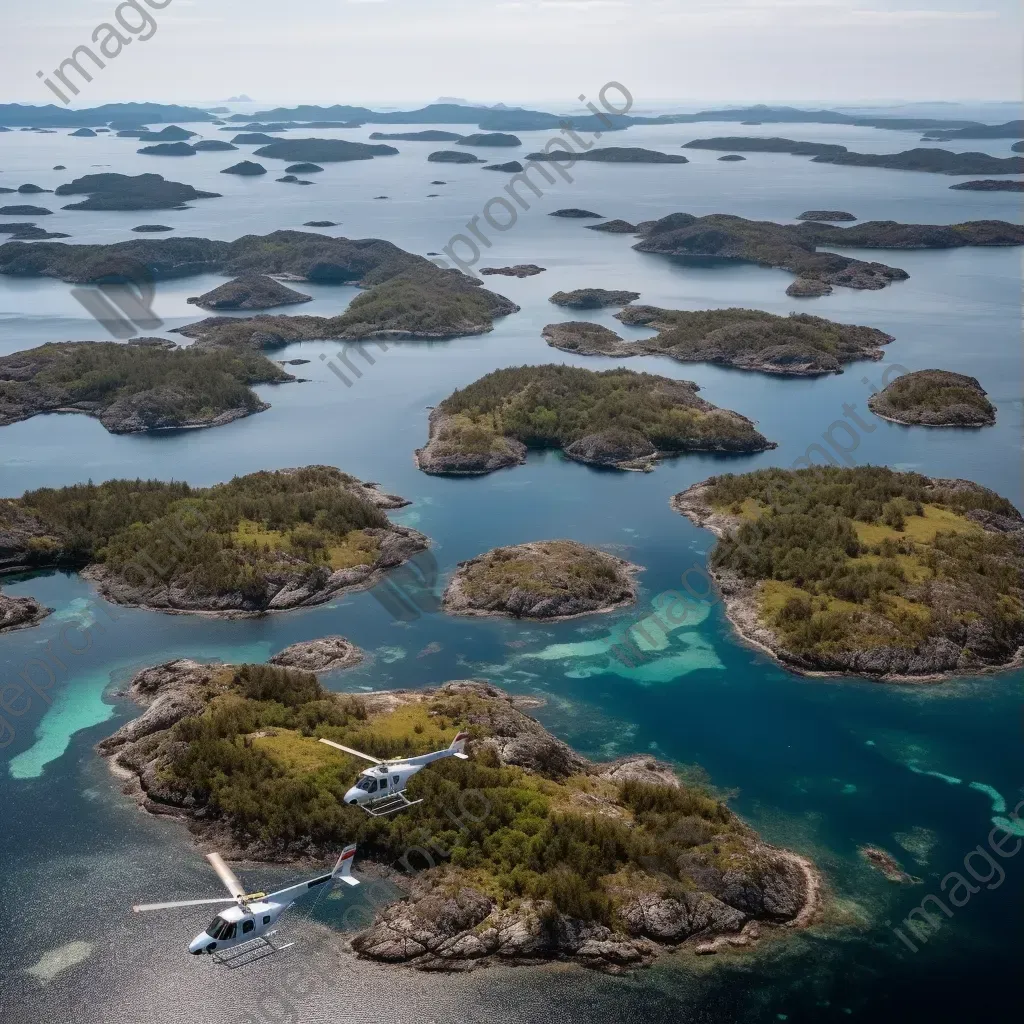 Island archipelago from above with helicopters transporting tourists, aerial view - Image 1