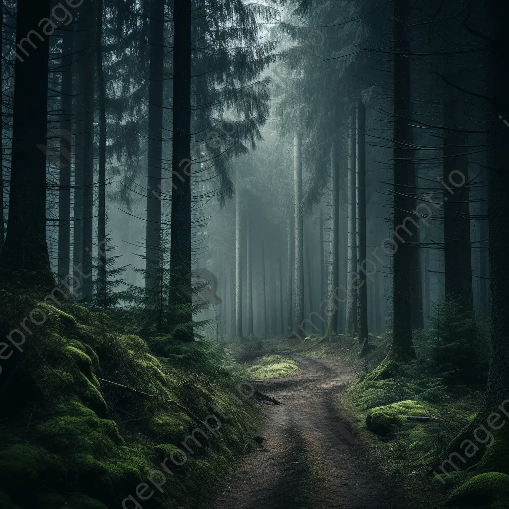 Dense forest in fog with a winding path - Image 1