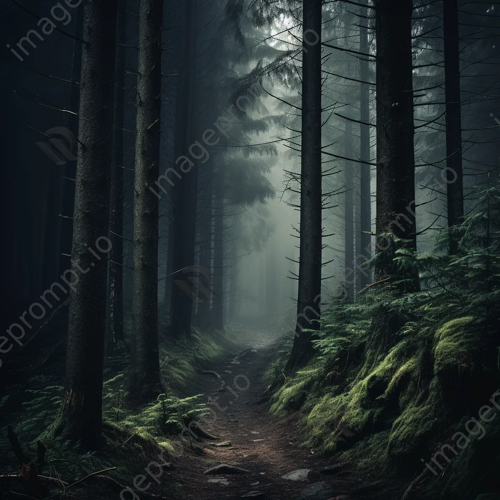 Dense forest in fog with a winding path - Image 2