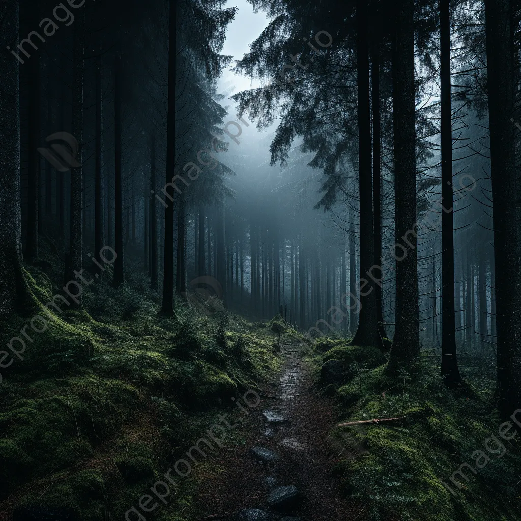 Dense forest in fog with a winding path - Image 3