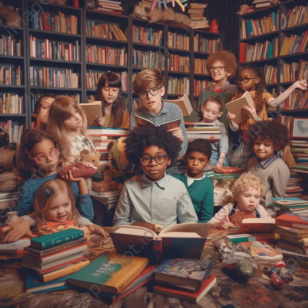 A librarian reading a story to children in a colorful library. - Image 1