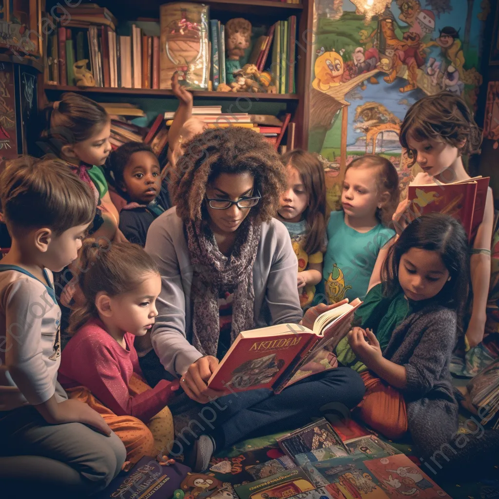 A librarian reading a story to children in a colorful library. - Image 2