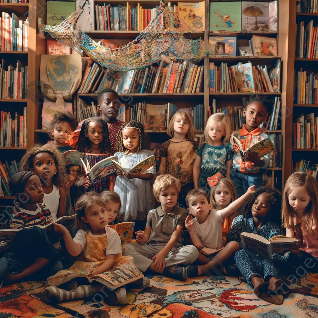 A librarian reading a story to children in a colorful library. - Image 3