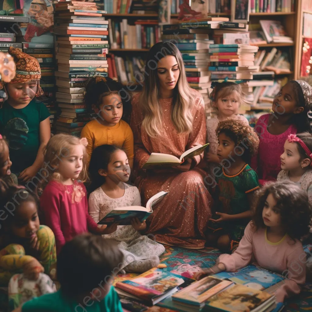 A librarian reading a story to children in a colorful library. - Image 4