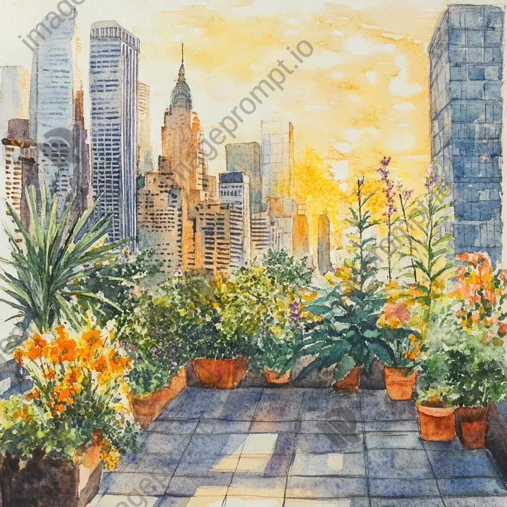 A golden hour rooftop garden illustrated with pencil and watercolors - Image 1