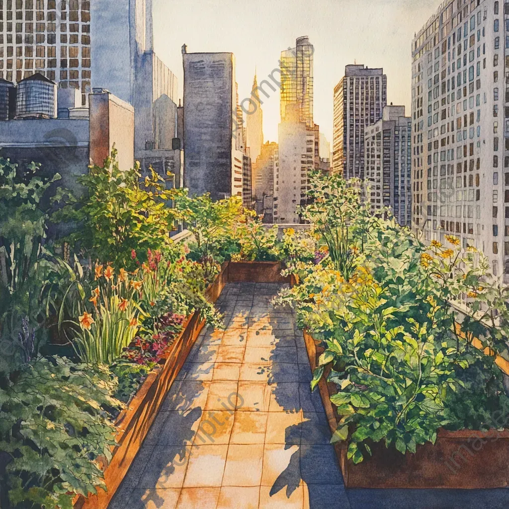 A golden hour rooftop garden illustrated with pencil and watercolors - Image 2