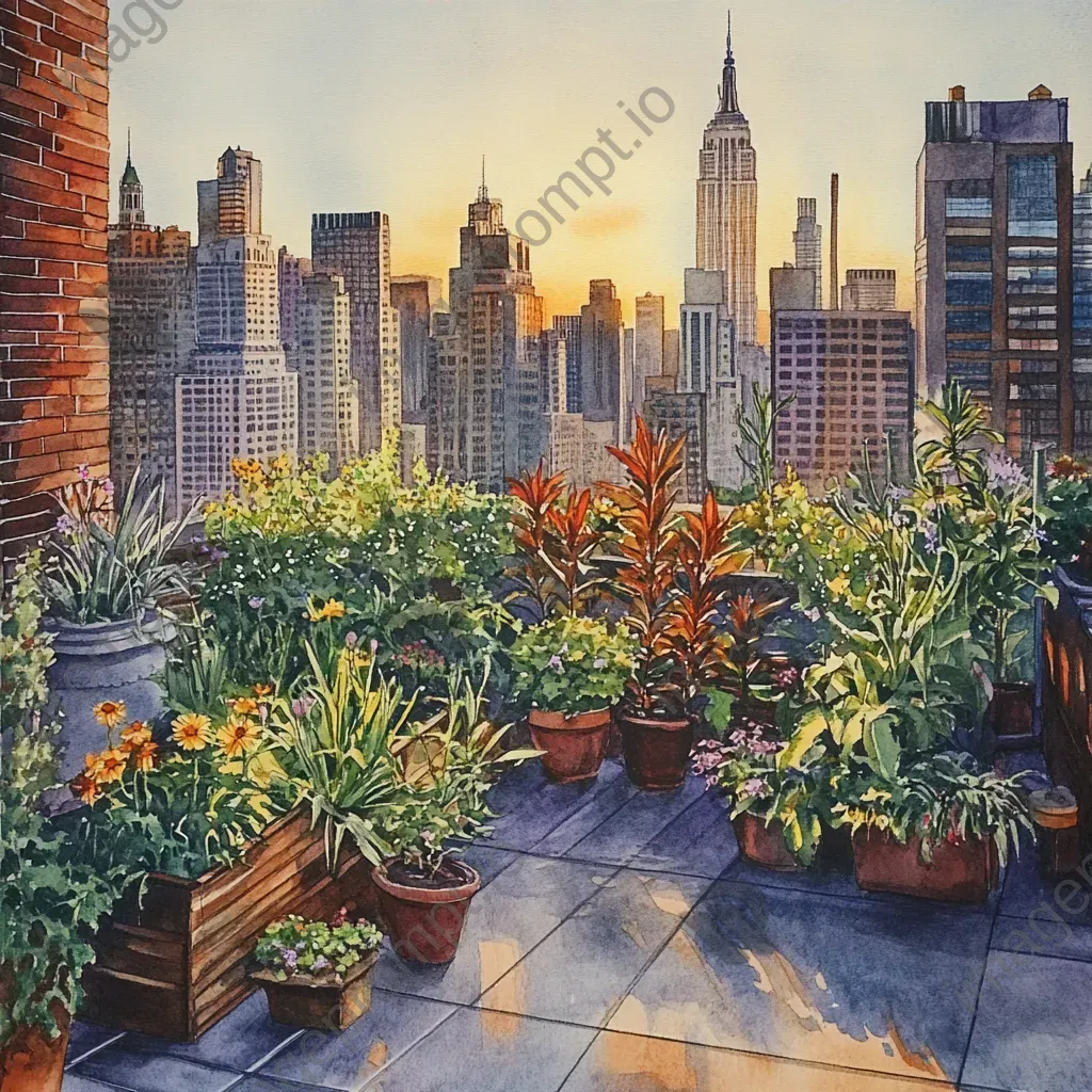 A golden hour rooftop garden illustrated with pencil and watercolors - Image 3