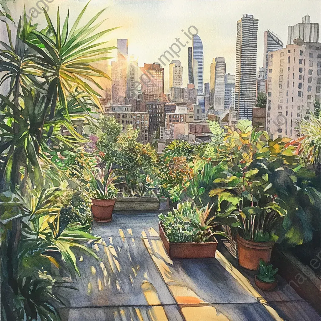 A golden hour rooftop garden illustrated with pencil and watercolors - Image 4