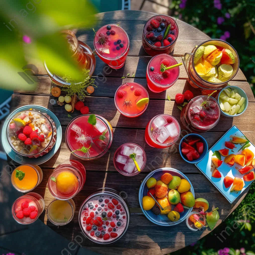 Overhead view of cocktails and appetizers on a garden table - Image 1