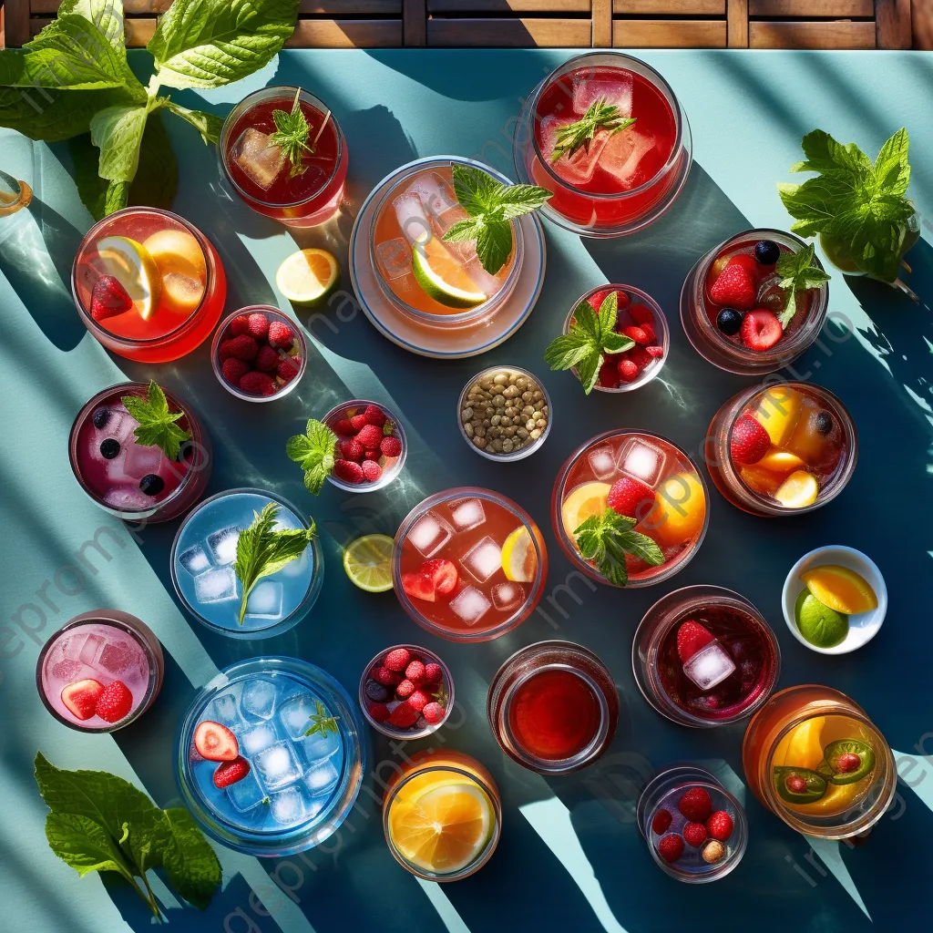 Overhead view of cocktails and appetizers on a garden table - Image 2