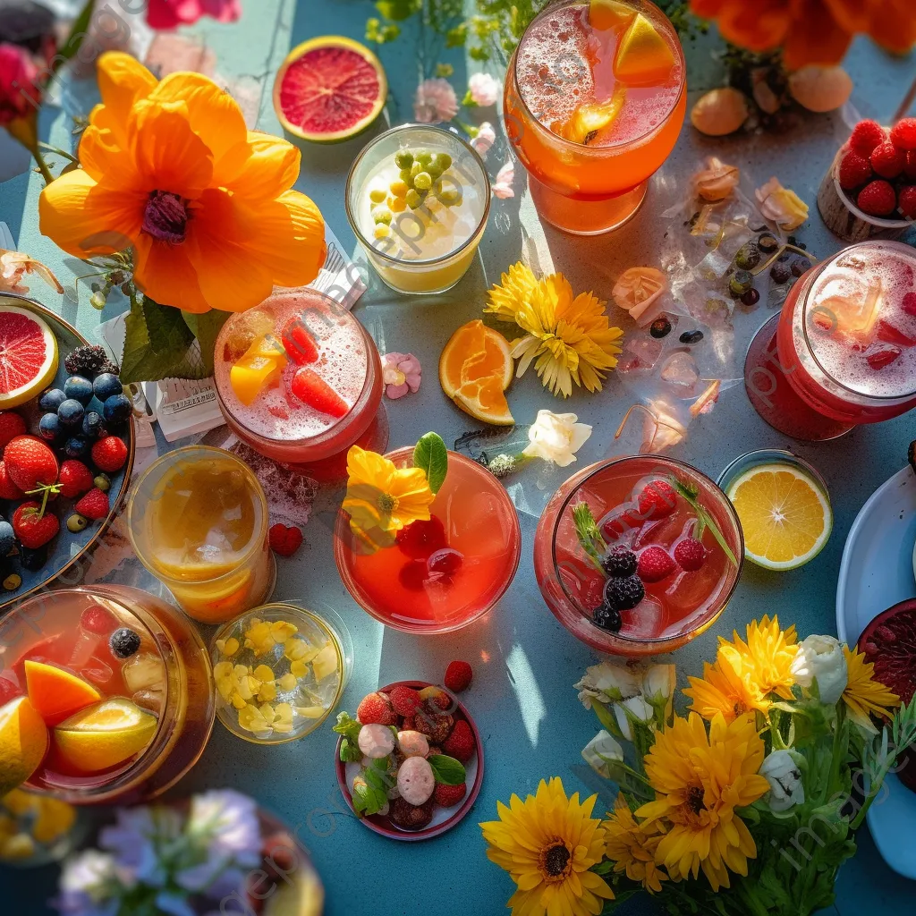 Overhead view of cocktails and appetizers on a garden table - Image 3